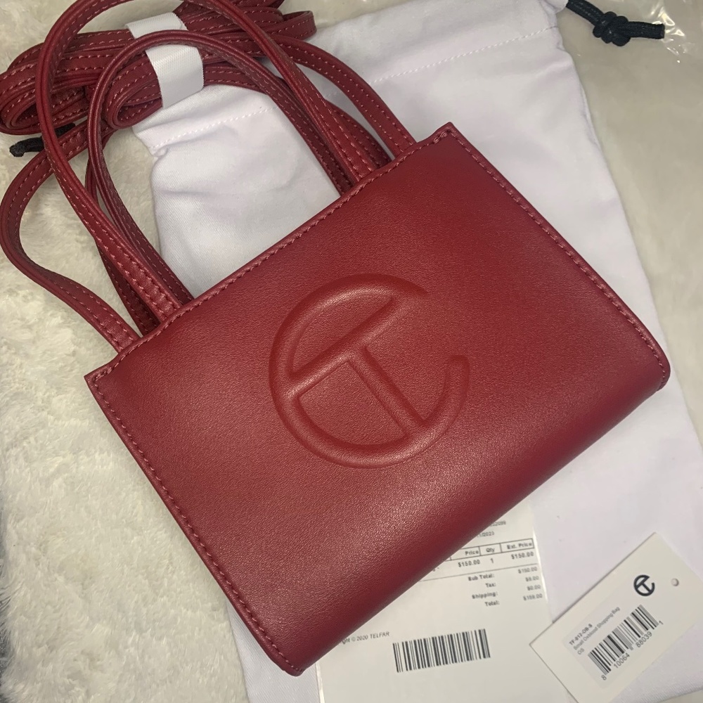 Small vegan leather Telfar shopping bag in oxblood